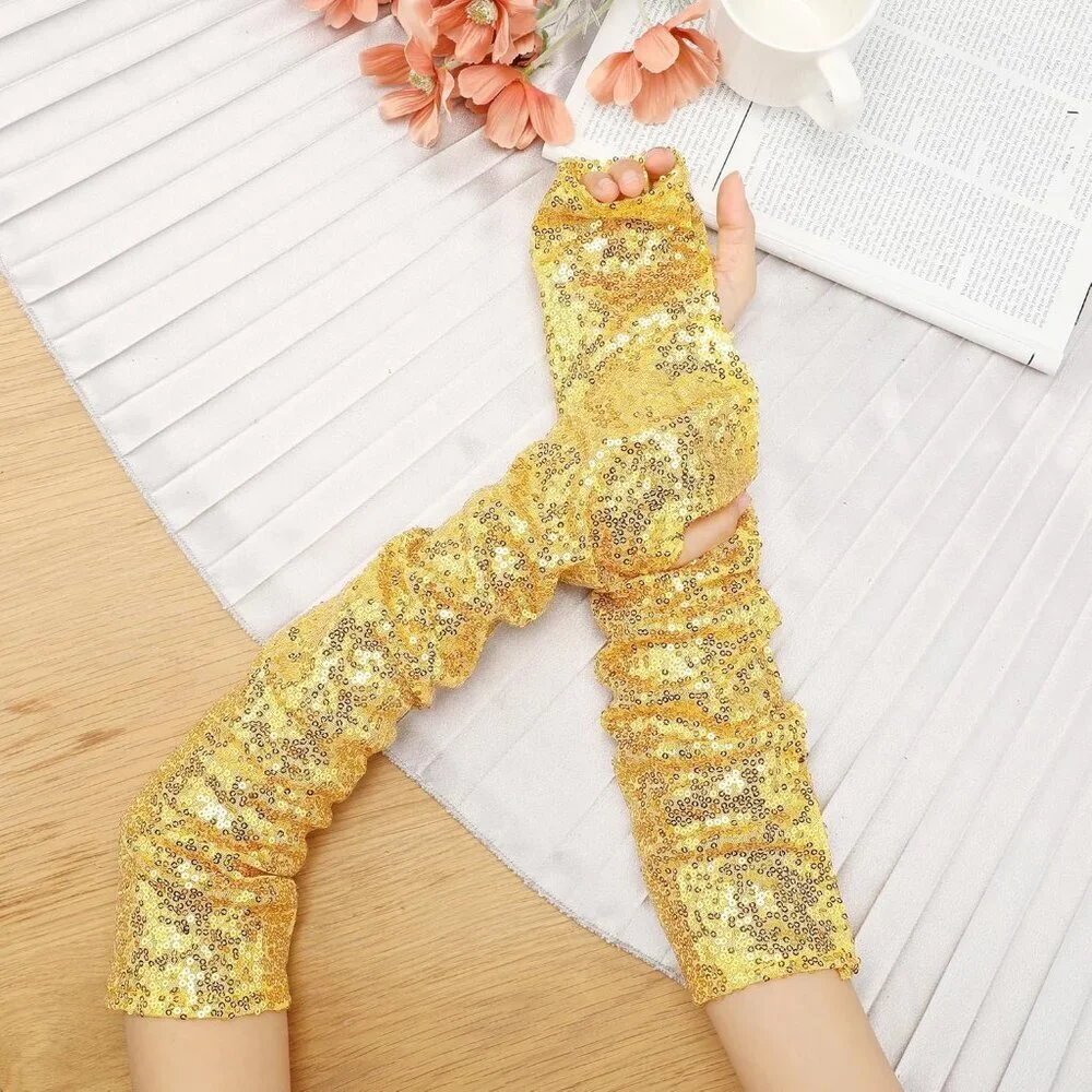 Women's Sequin Gold Sparkly Fingerless Long Arm Sleeve Warmers Gloves Party